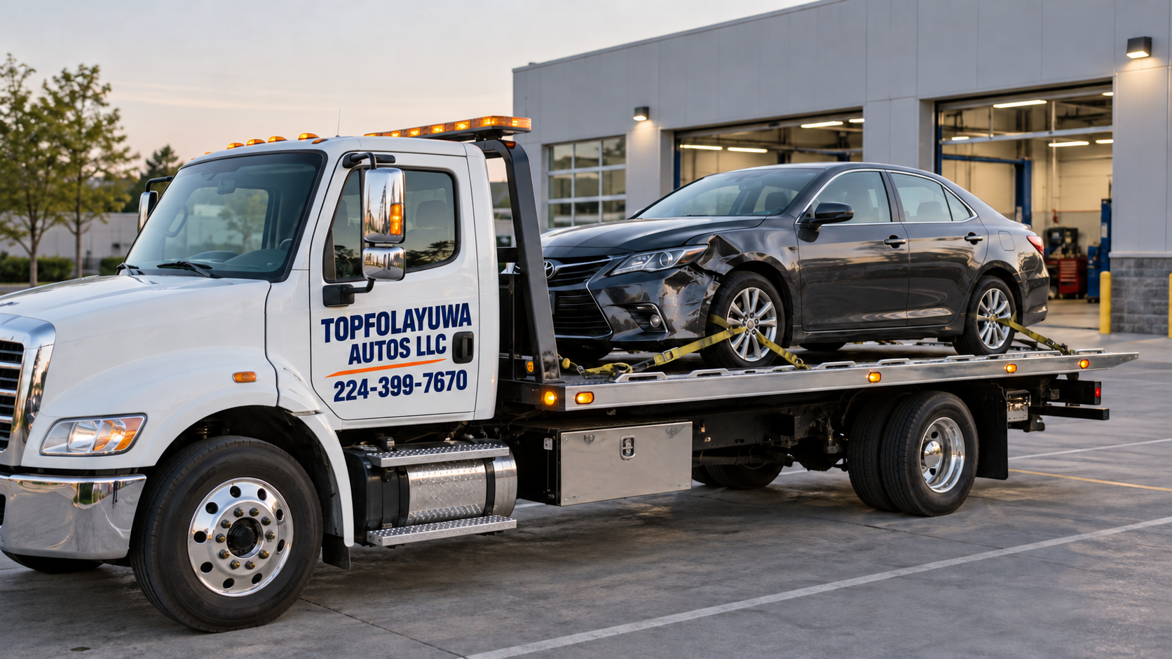 Tow truck transporting a collision-damaged car