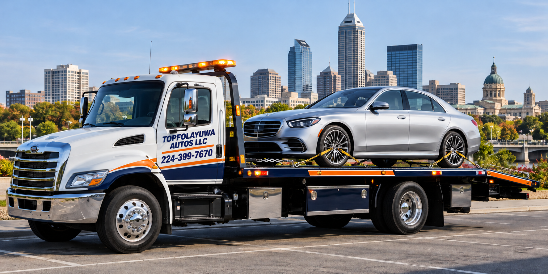 Flatbed tow truck transporting a passenger car